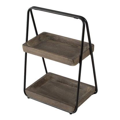 Nick 19 Inch 2 Tier Decorative Tray Stand, Black Iron Frame, Gray Wood