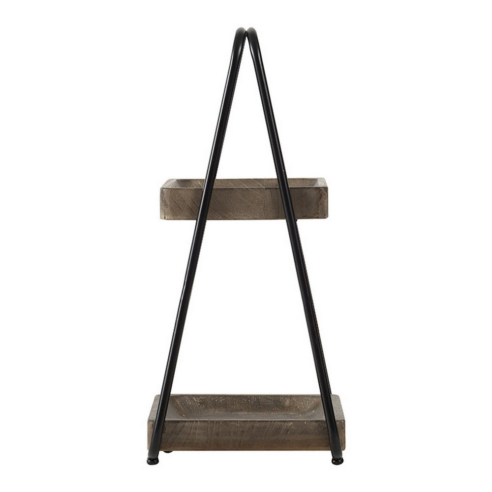 Nick 19 Inch 2 Tier Decorative Tray Stand, Black Iron Frame, Gray Wood
