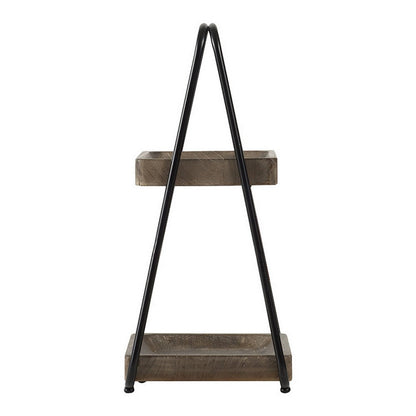 Nick 19 Inch 2 Tier Decorative Tray Stand, Black Iron Frame, Gray Wood