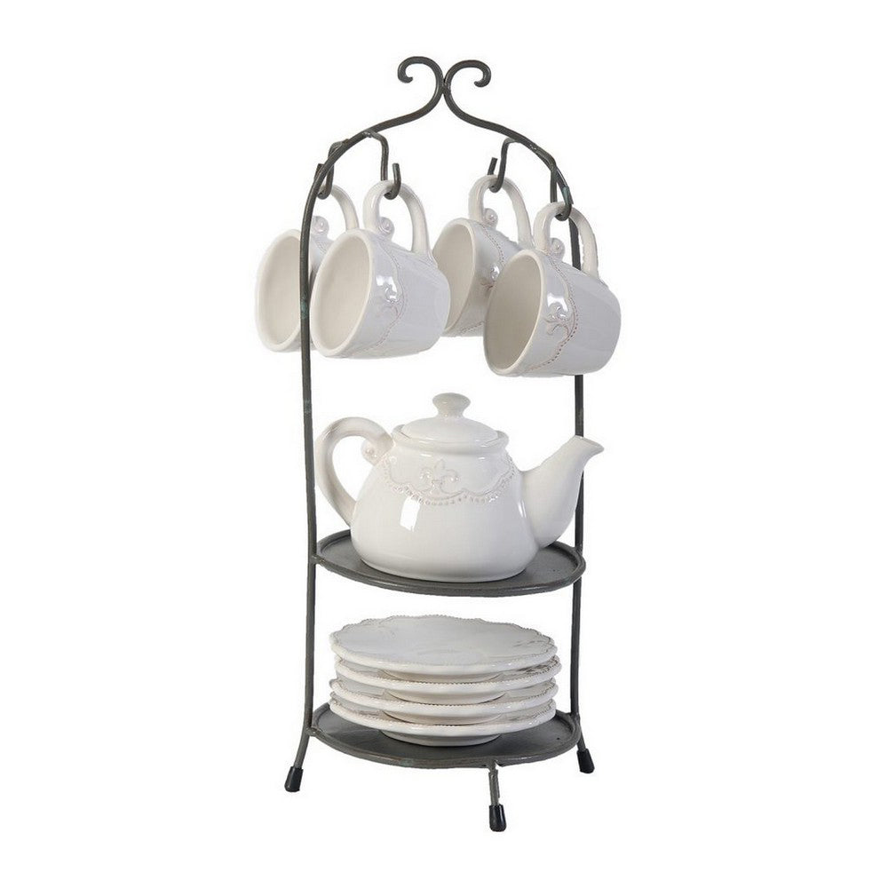 Zoya 10 Piece Tea Kettle and Cups Set with Metal Stand, White Porcelain