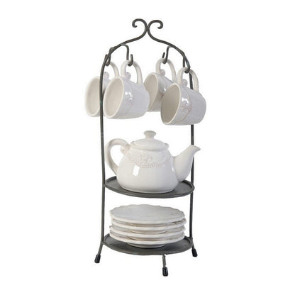 Zoya 10 Piece Tea Kettle and Cups Set with Metal Stand, White Porcelain