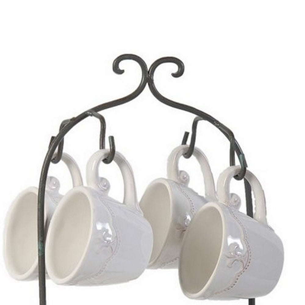 Zoya 10 Piece Tea Kettle and Cups Set with Metal Stand, White Porcelain