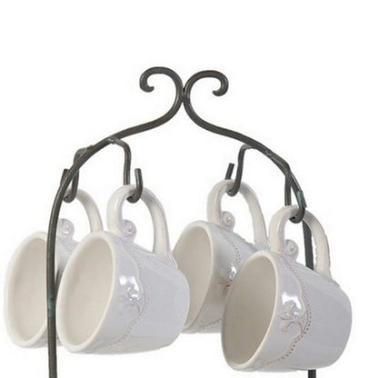 Zoya 10 Piece Tea Kettle and Cups Set with Metal Stand, White Porcelain
