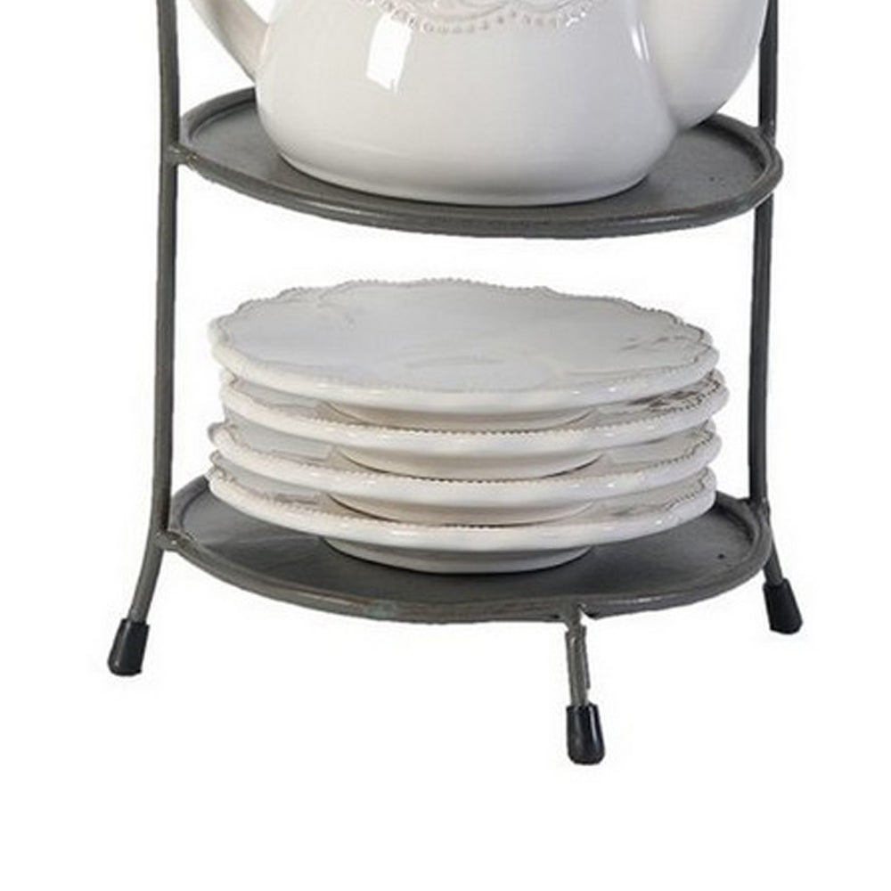 Zoya 10 Piece Tea Kettle and Cups Set with Metal Stand, White Porcelain