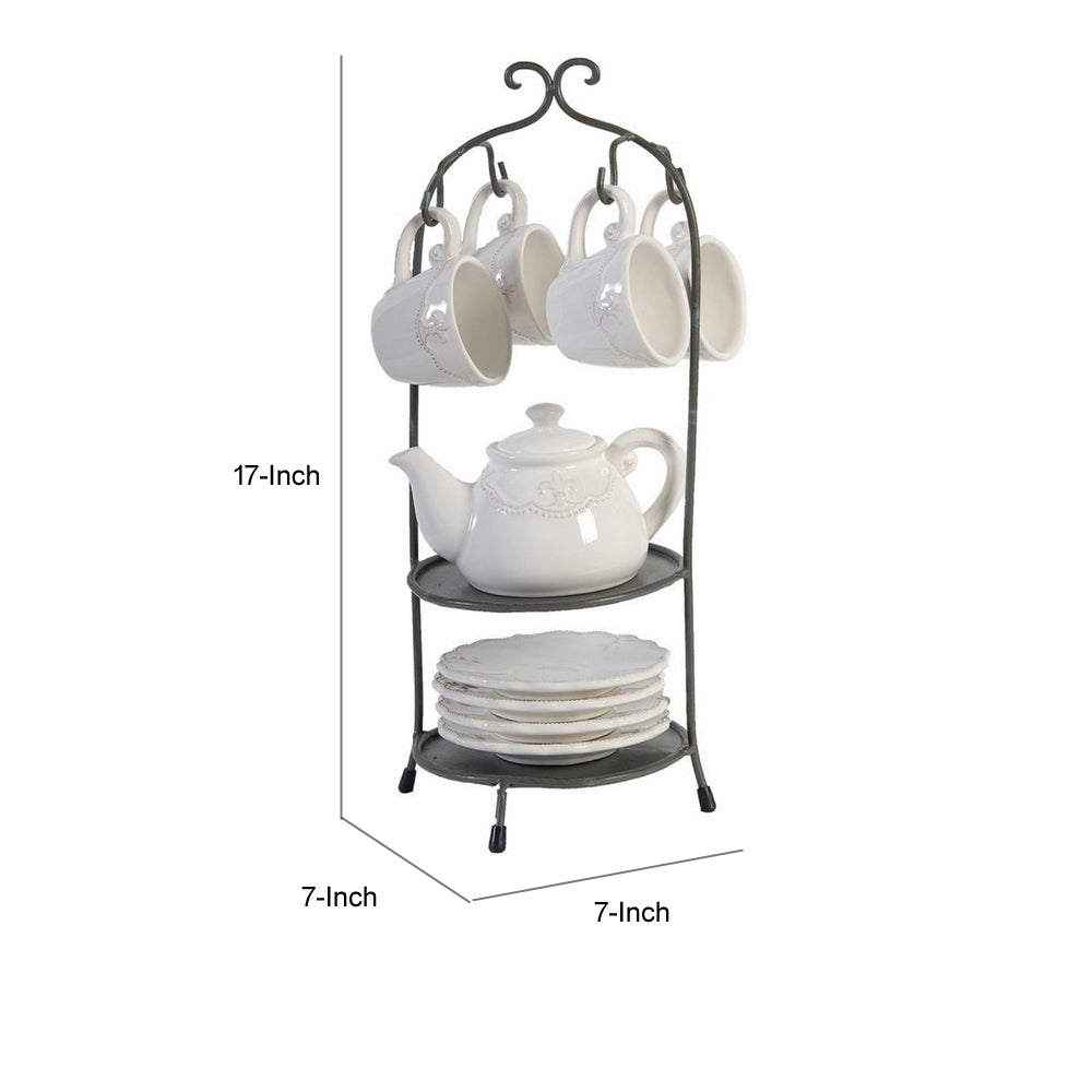 Zoya 10 Piece Tea Kettle and Cups Set with Metal Stand, White Porcelain