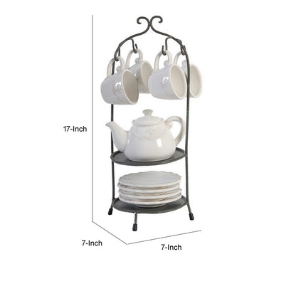 Zoya 10 Piece Tea Kettle and Cups Set with Metal Stand, White Porcelain