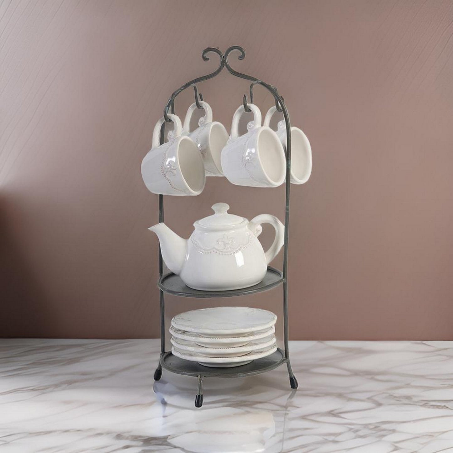 Zoya 10 Piece Tea Kettle and Cups Set with Metal Stand, White Porcelain