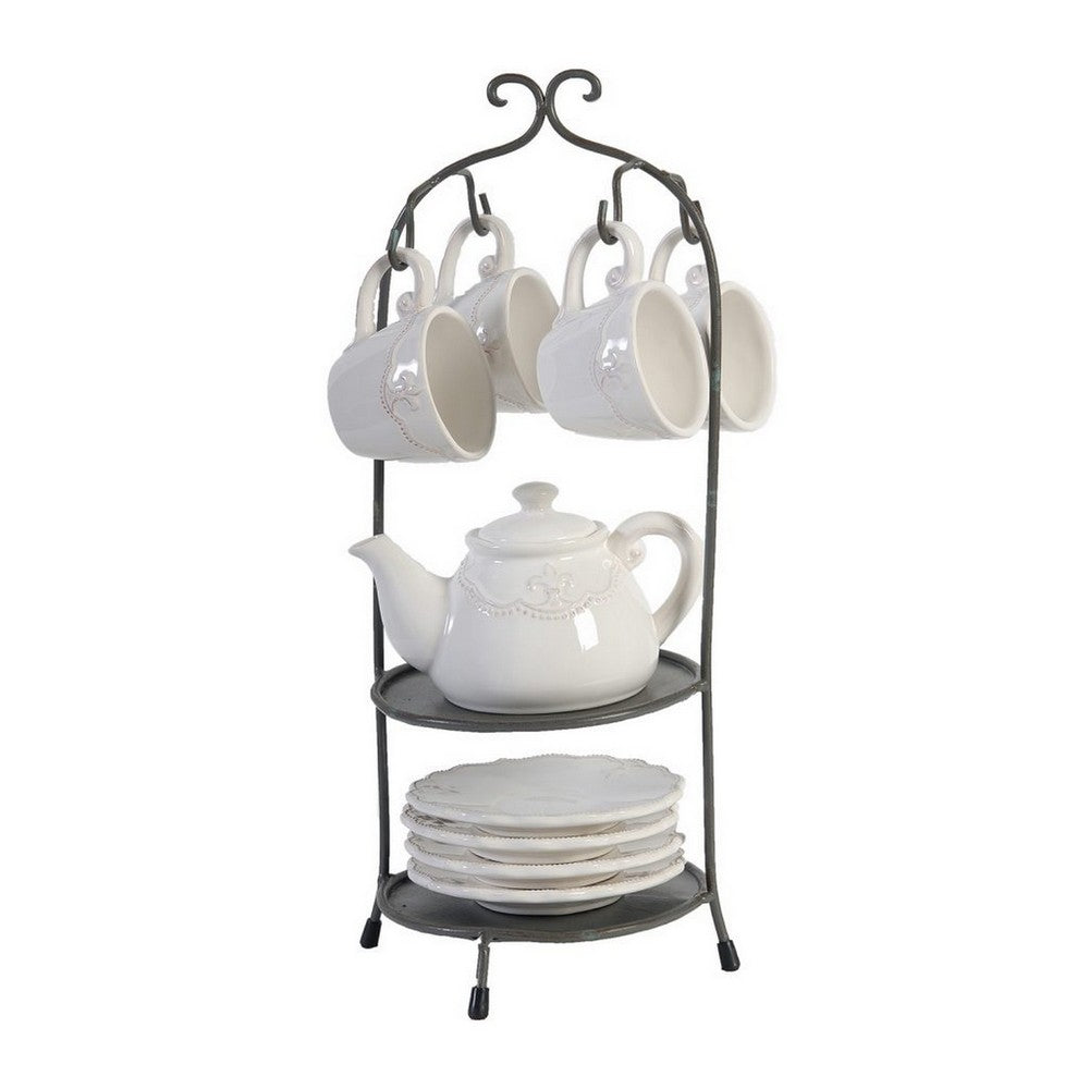 Zoya 10 Piece Tea Kettle and Cups Set with Metal Stand, White Porcelain