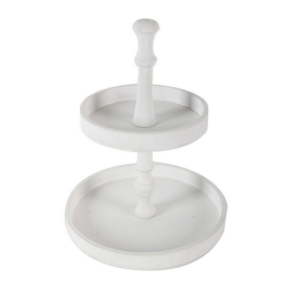 Semy 15 Inch 2 Tier Round Decorative Serving Tray, White Wood Finish