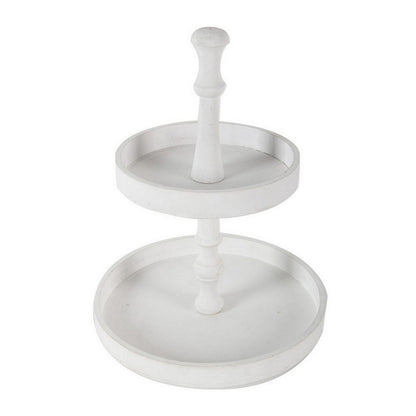 Semy 15 Inch 2 Tier Round Decorative Serving Tray, White Wood Finish