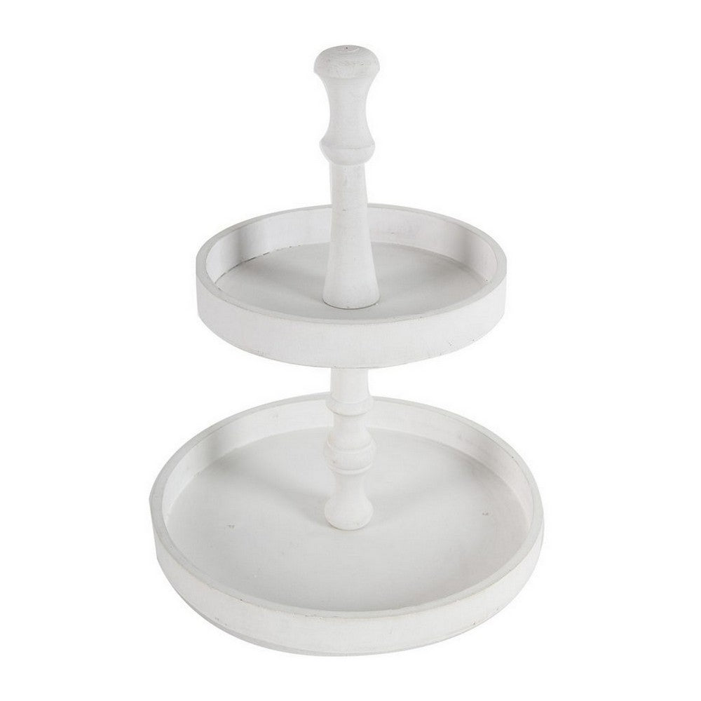 Semy 15 Inch 2 Tier Round Decorative Serving Tray, White Wood Finish