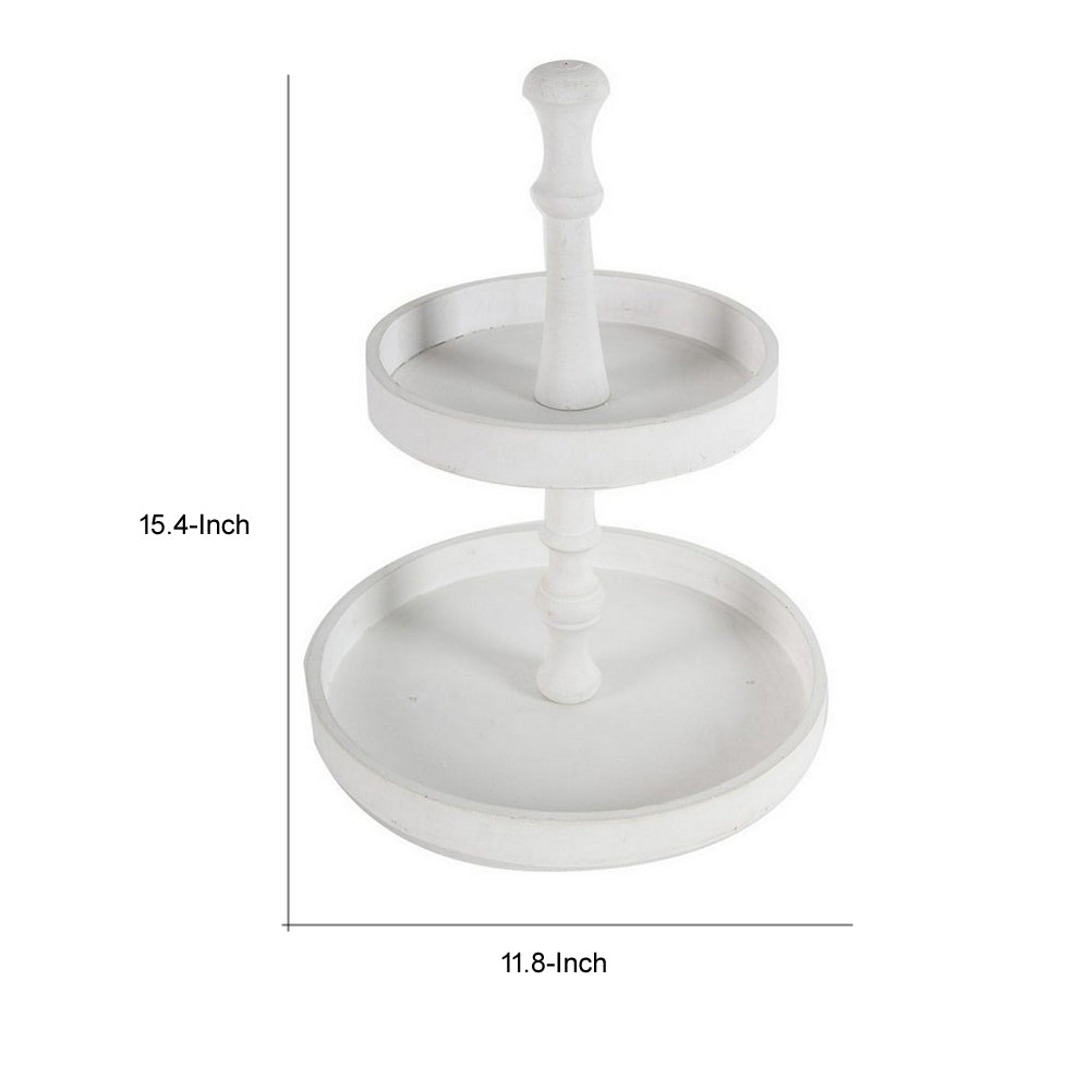 Semy 15 Inch 2 Tier Round Decorative Serving Tray, White Wood Finish