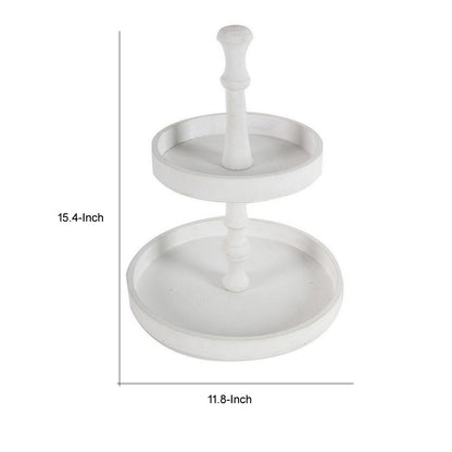 Semy 15 Inch 2 Tier Round Decorative Serving Tray, White Wood Finish