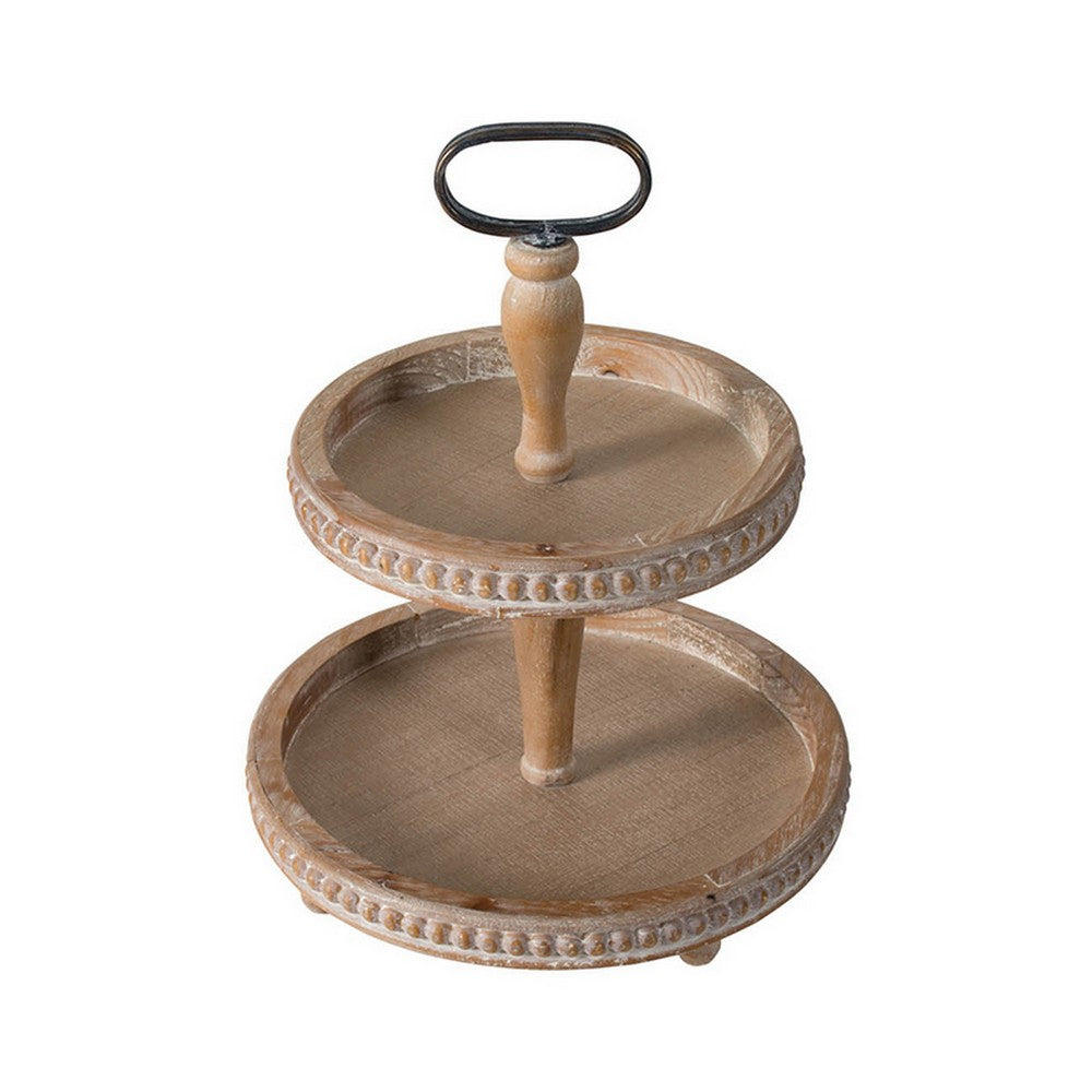 Mike 17 Inch 2 Tier Round Serving Tray, Handle, Beaded Trim, Brown Wood