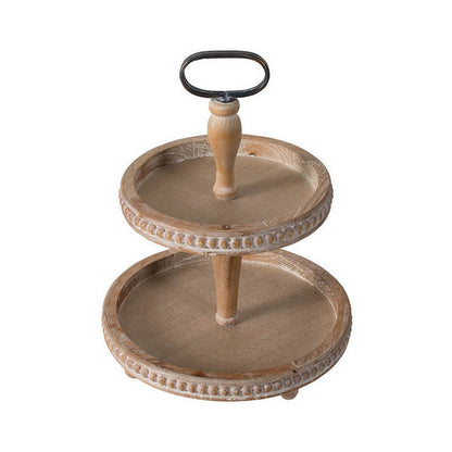 Mike 17 Inch 2 Tier Round Serving Tray, Handle, Beaded Trim, Brown Wood