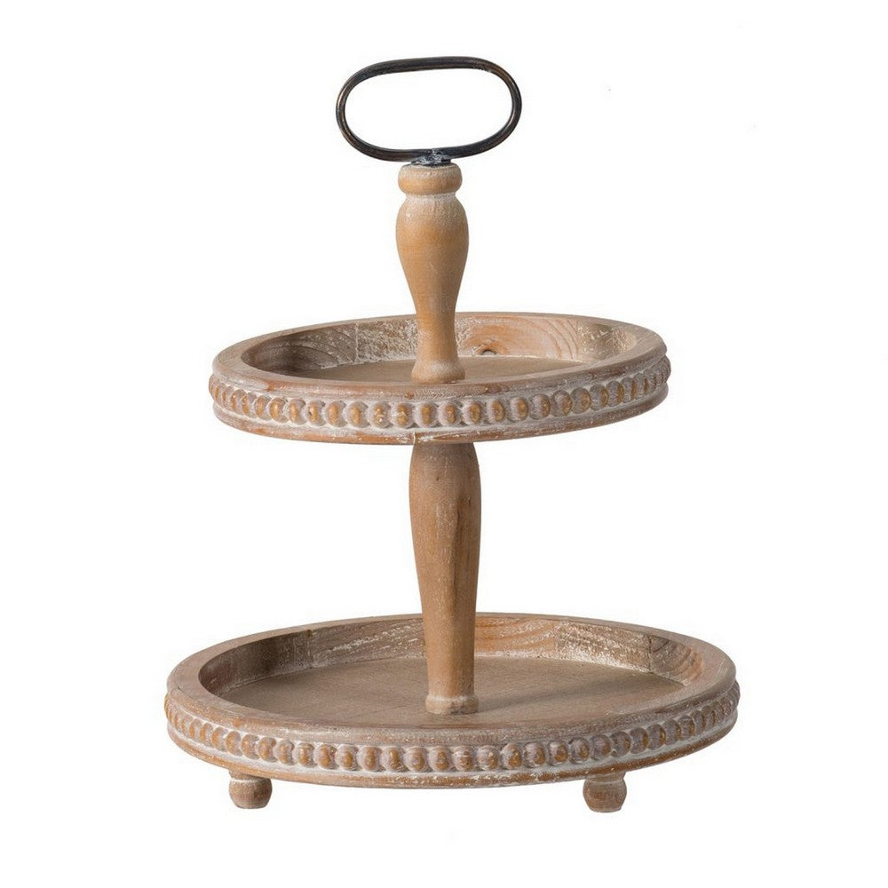 Mike 17 Inch 2 Tier Round Serving Tray, Handle, Beaded Trim, Brown Wood