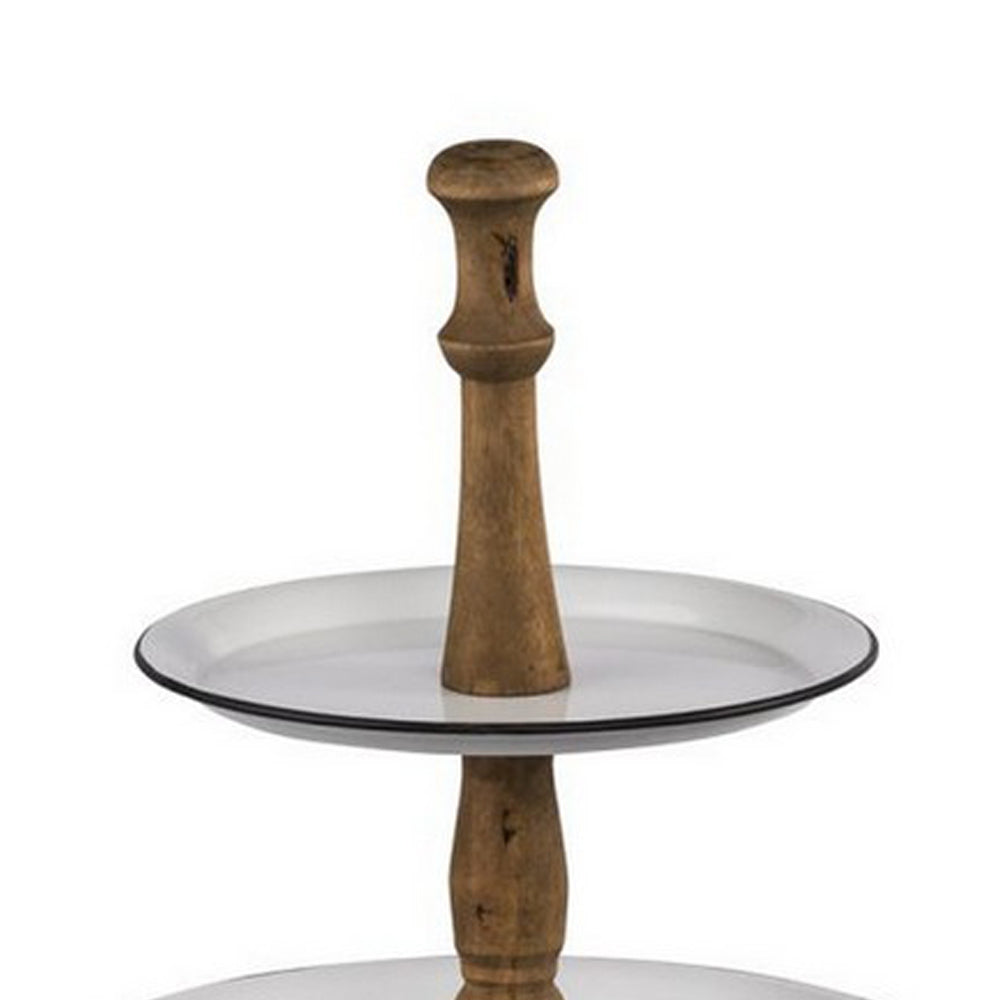 Mlyn 24 Inch 3 Tier Serving Tray, Round Metal Base, White Brown, and Black