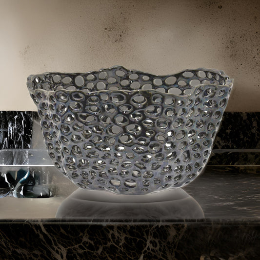 Hina 14 Inch Decorative Bowl, Mesh Design, Wavy Edges, Ceramic Blue Finish