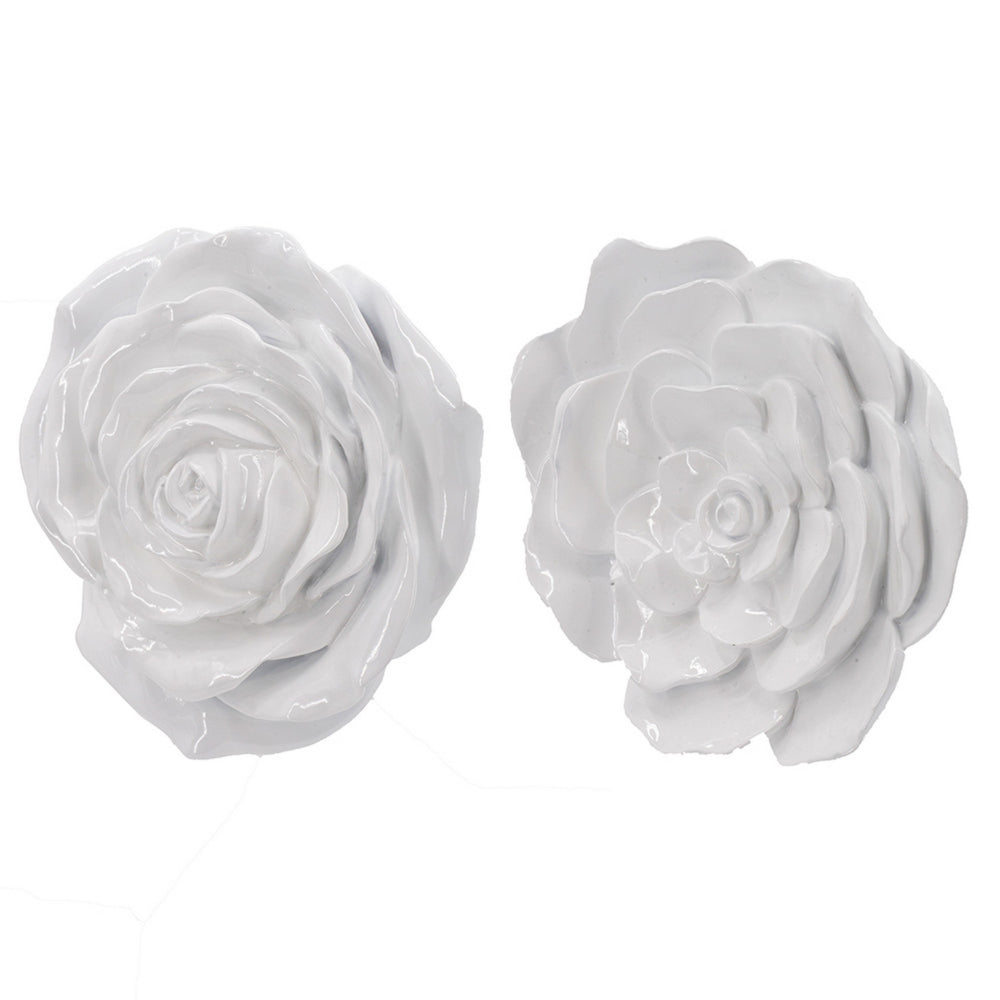 Dazzle 7, 8 Inch Rose Hanging Wall Accent Set of 2, White Resin 3 Dimensional