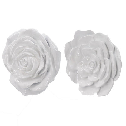 Dazzle 7, 8 Inch Rose Hanging Wall Accent Set of 2, White Resin 3 Dimensional
