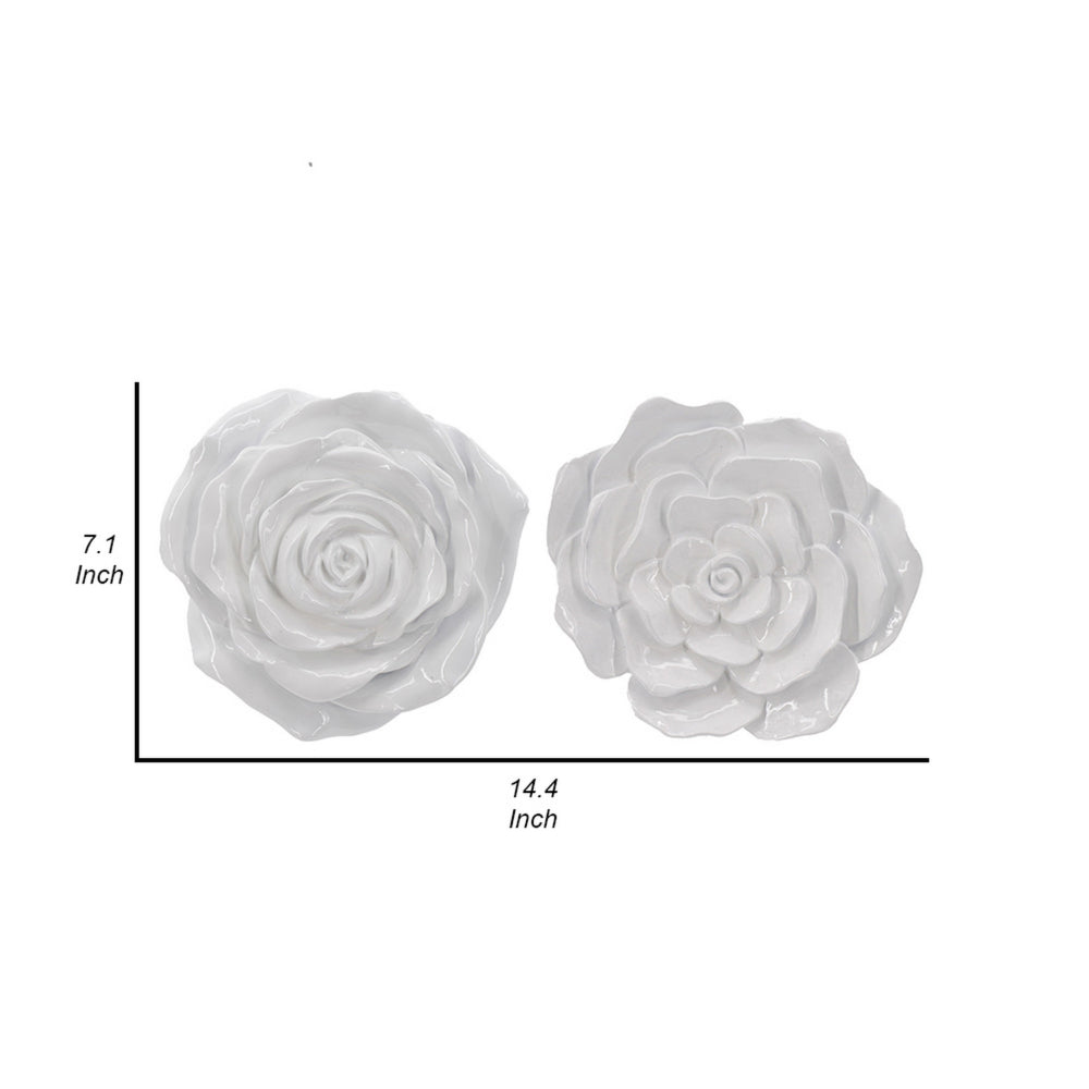 Dazzle 7, 8 Inch Rose Hanging Wall Accent Set of 2, White Resin 3 Dimensional