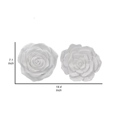 Dazzle 7, 8 Inch Rose Hanging Wall Accent Set of 2, White Resin 3 Dimensional