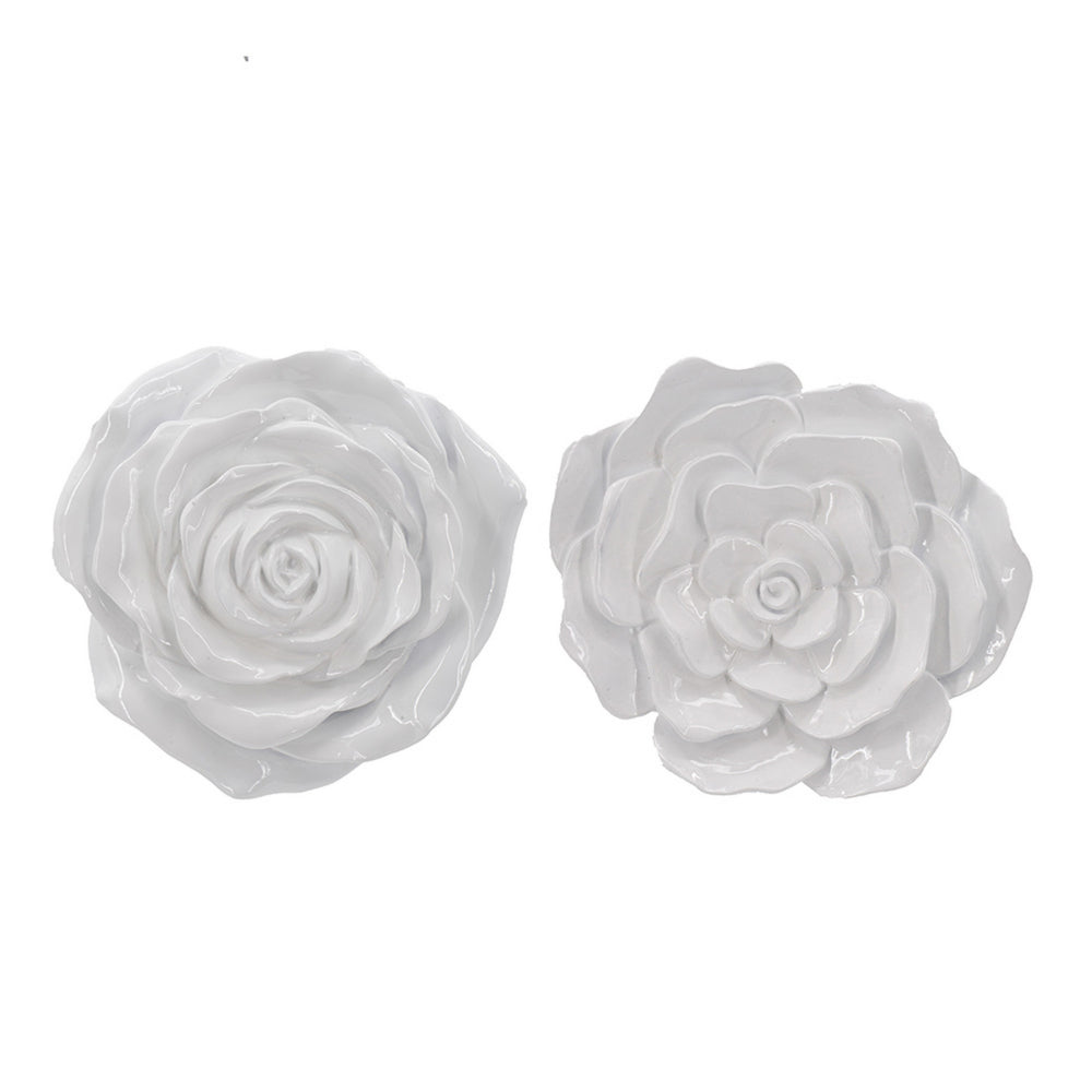 Dazzle 7, 8 Inch Rose Hanging Wall Accent Set of 2, White Resin 3 Dimensional