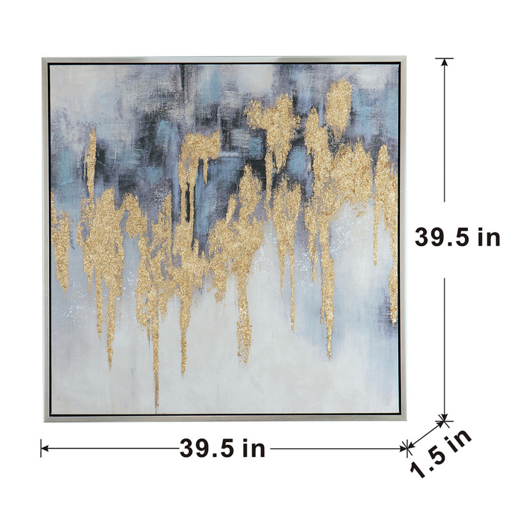 39 x 39 Framed Oil Painting, Gold Flakes, Square Polyester Canvas, Abstract