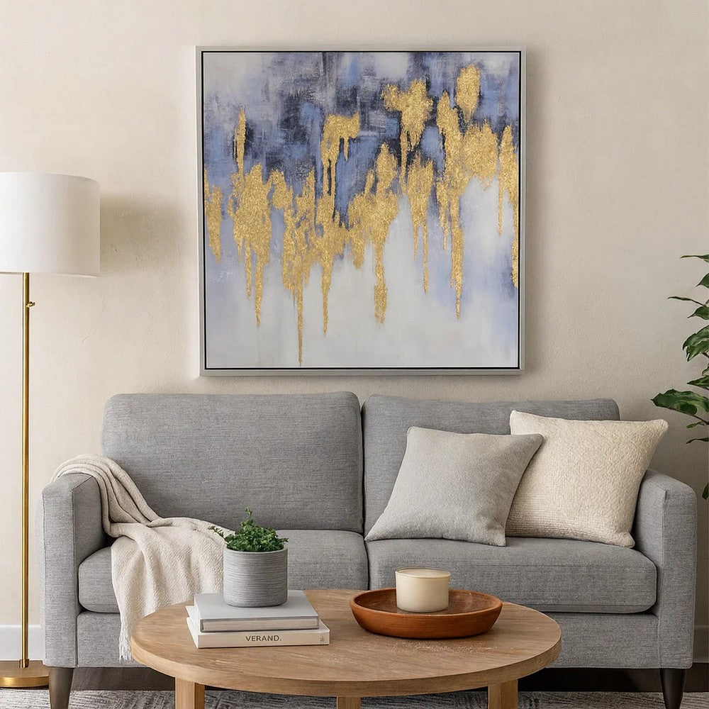 39 x 39 Framed Oil Painting, Gold Flakes, Square Polyester Canvas, Abstract