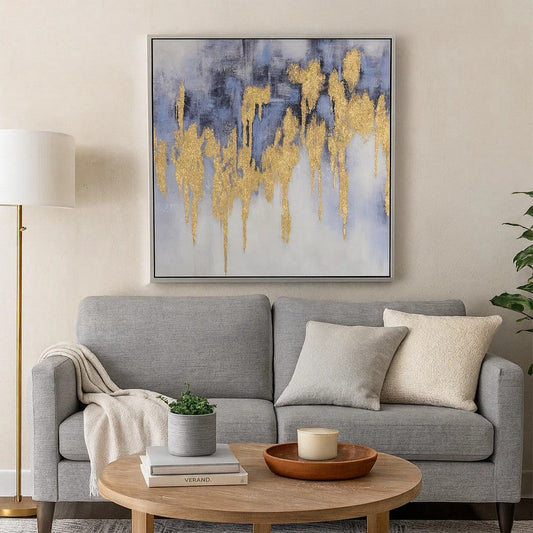 39 x 39 Framed Oil Painting, Gold Flakes, Square Polyester Canvas, Abstract