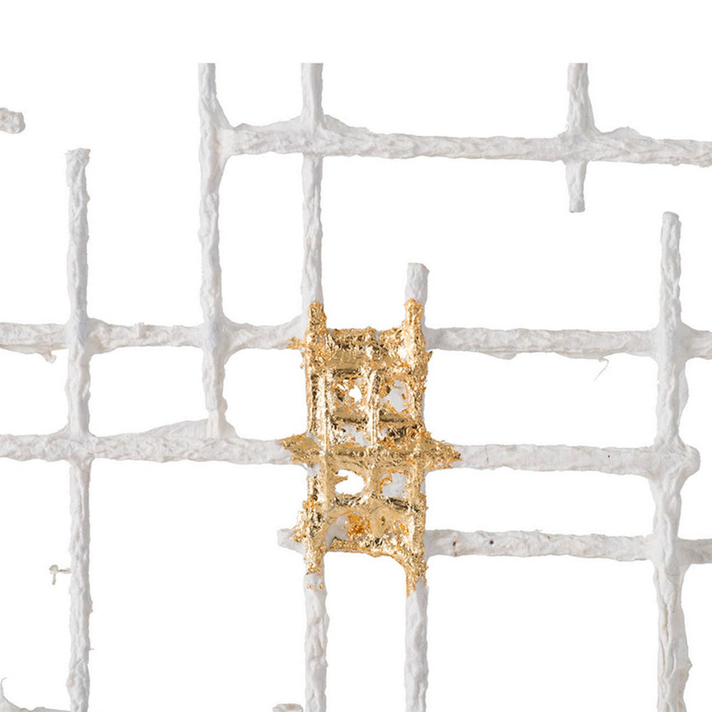 Rio 32 Inch Wall Art Decor, White and Gold Geometric Abstract Design, Iron