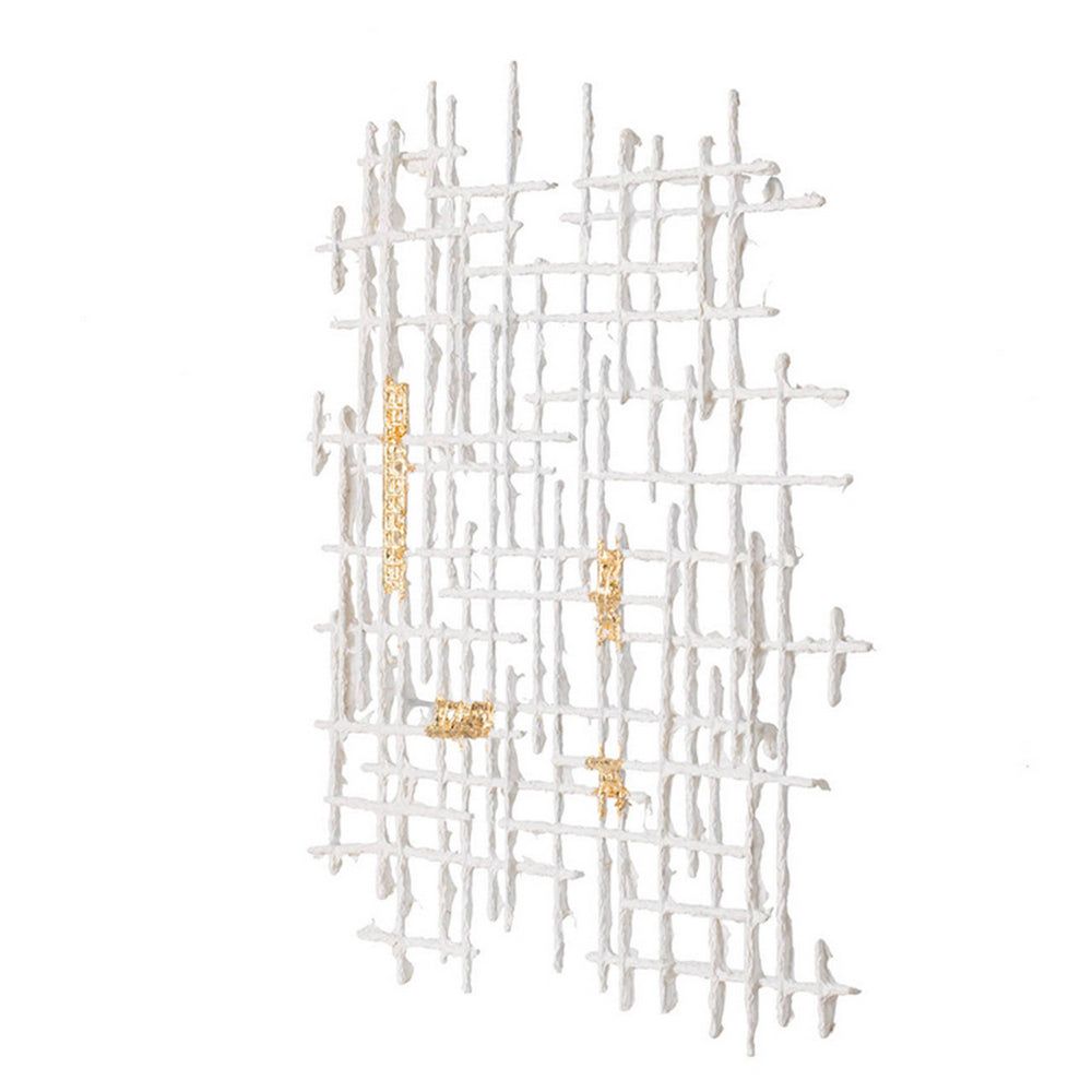 Rio 32 Inch Wall Art Decor, White and Gold Geometric Abstract Design, Iron