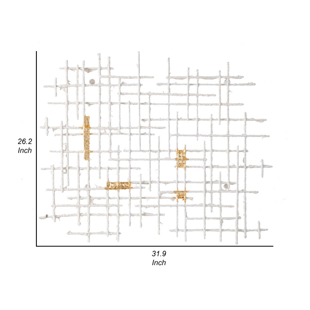 Rio 32 Inch Wall Art Decor, White and Gold Geometric Abstract Design, Iron