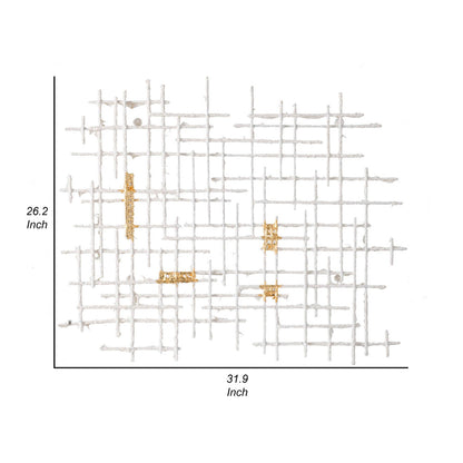 Rio 32 Inch Wall Art Decor, White and Gold Geometric Abstract Design, Iron