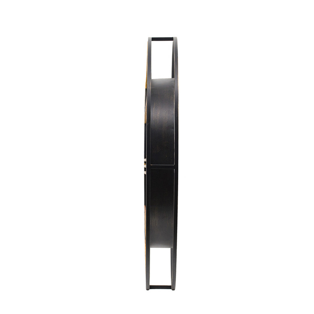 28 Inch Hanging Wall Clock, Round Gear Design, Gold and Black Iron Frame