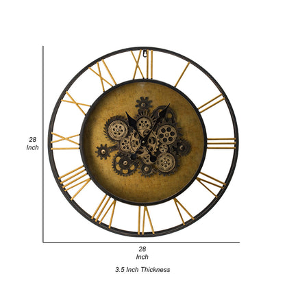 28 Inch Hanging Wall Clock, Round Gear Design, Gold and Black Iron Frame