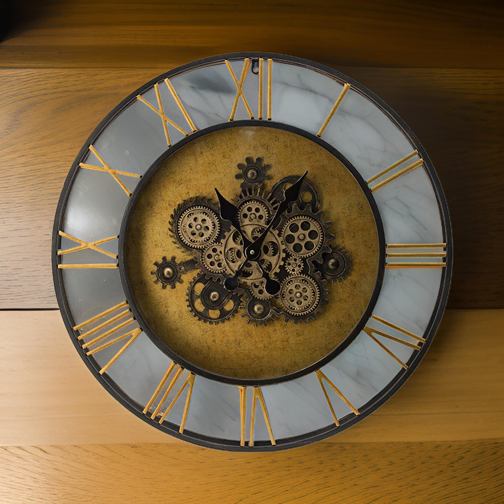 28 Inch Hanging Wall Clock, Round Gear Design, Gold and Black Iron Frame