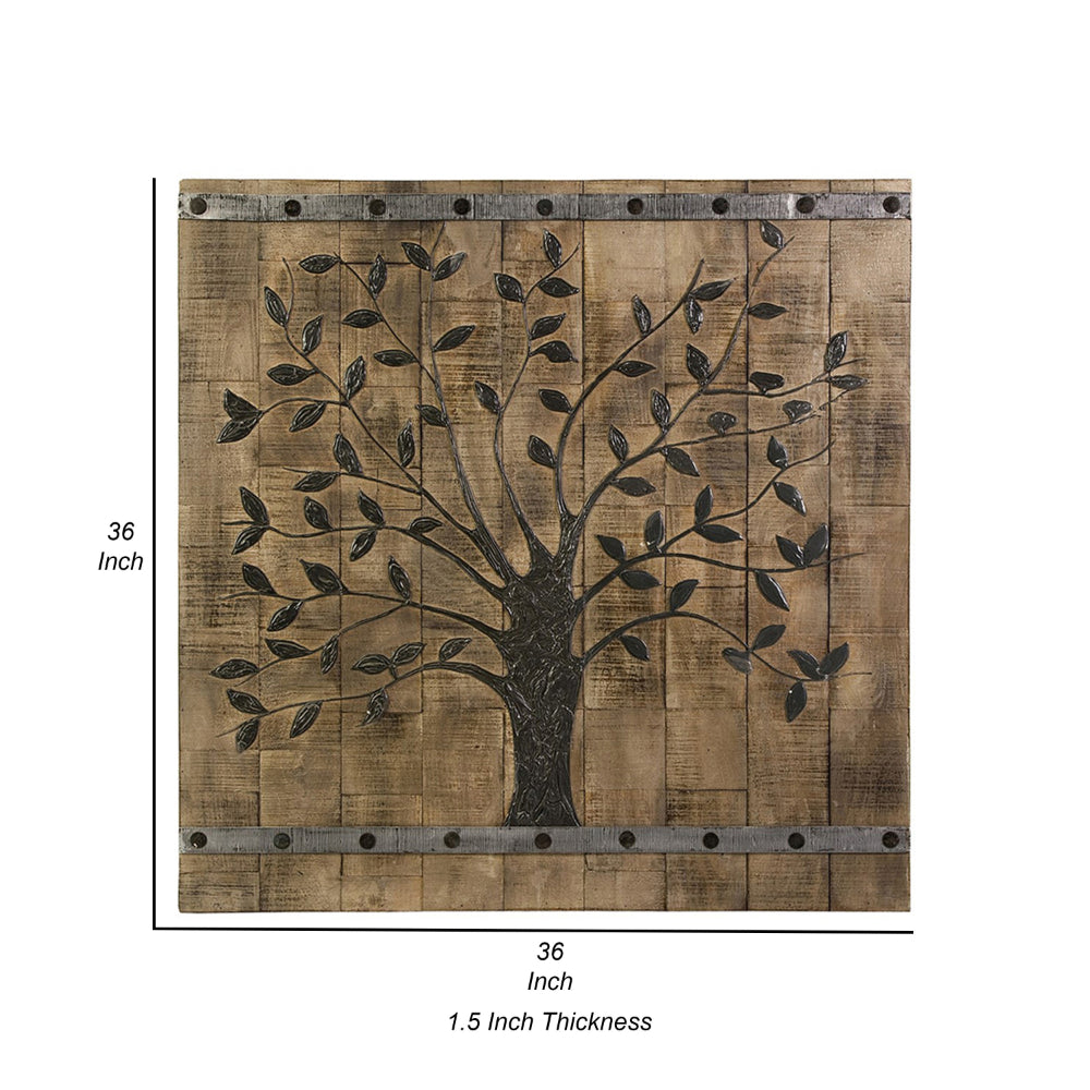 36 Inch Tree Of Life Wall Panel, Square, Mango Wood, Brown and Black