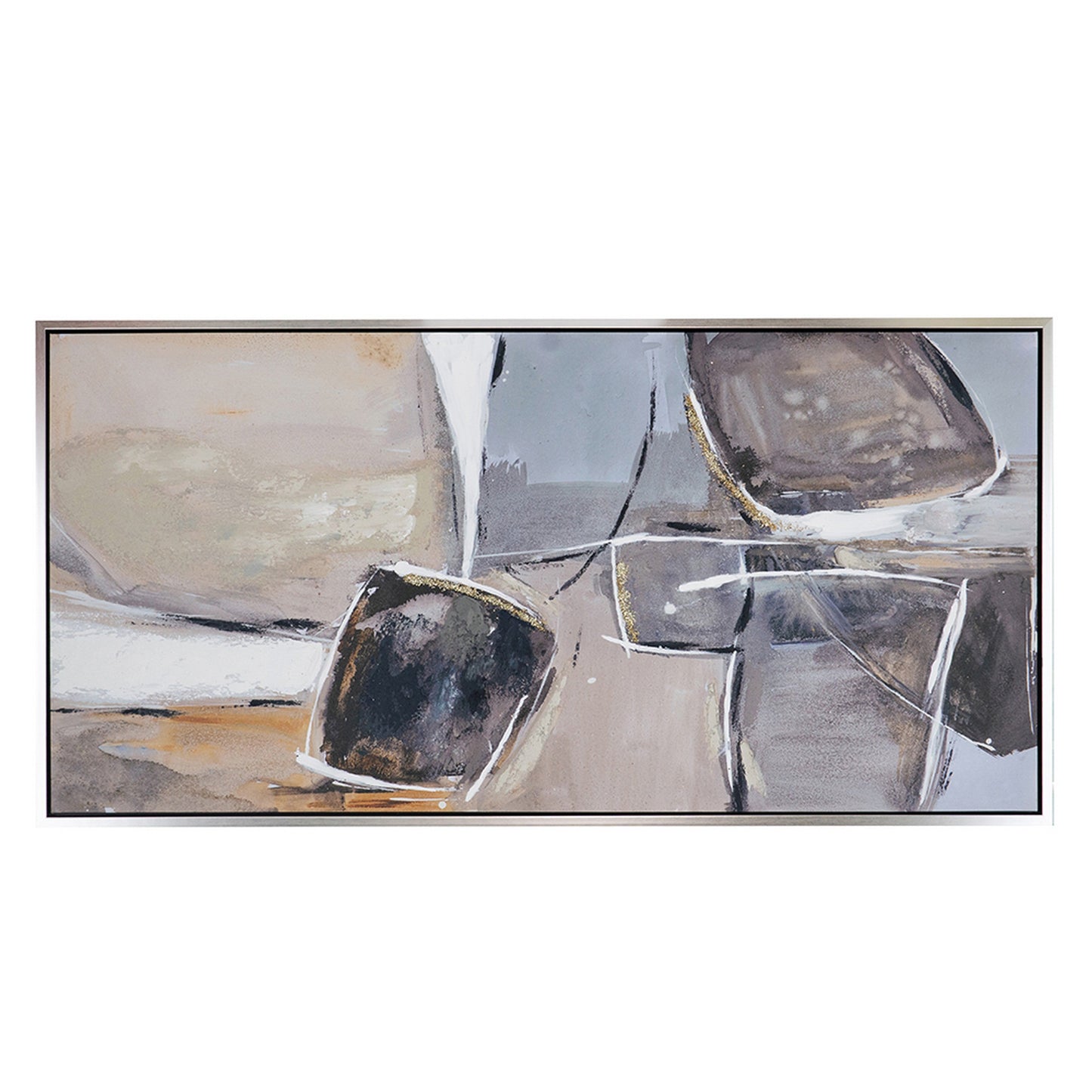 30 x 59  Abstract Oil Painting, Rectanglular Poly Canvas, Wood, Beige, Gray