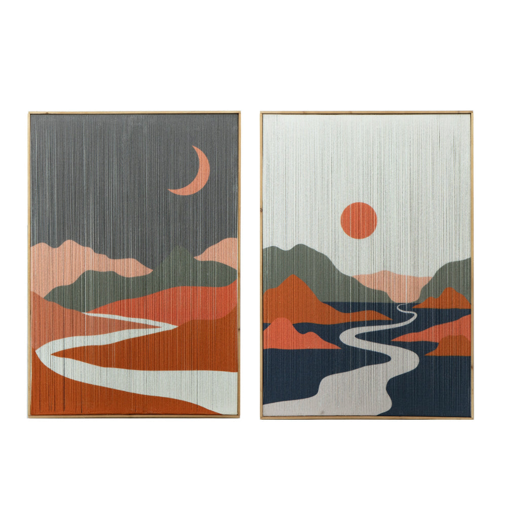 27 x 38 Wall Art Set of 2, Day and Night Design, Fir Wood, Orange, Gray