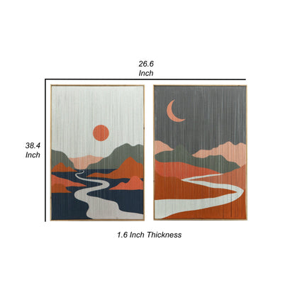 27 x 38 Wall Art Set of 2, Day and Night Design, Fir Wood, Orange, Gray