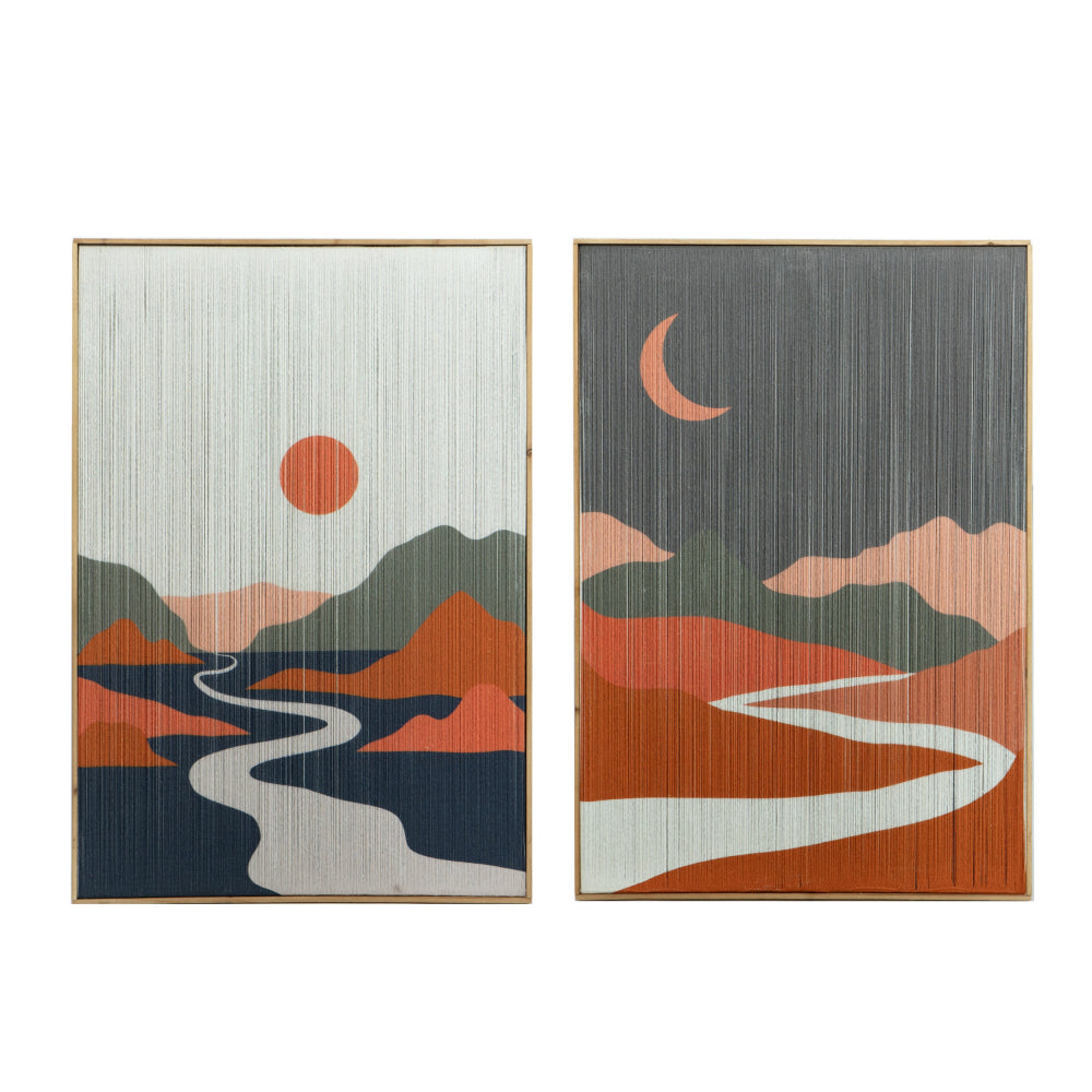 27 x 38 Wall Art Set of 2, Day and Night Design, Fir Wood, Orange, Gray