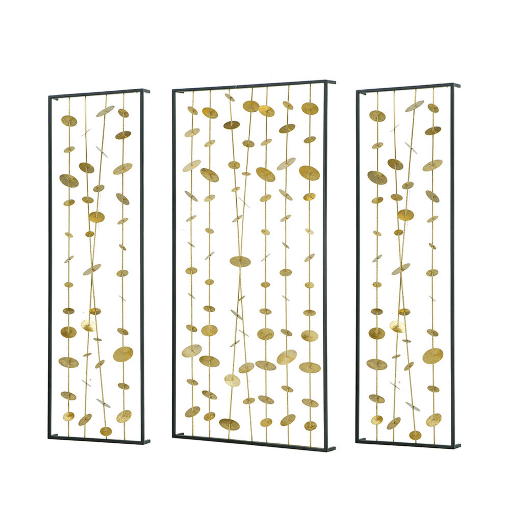 Metal Decorative Wall Art Set of 3, Strings Design, Gold and Black Iron