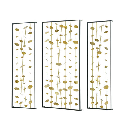 Metal Decorative Wall Art Set of 3, Strings Design, Gold and Black Iron