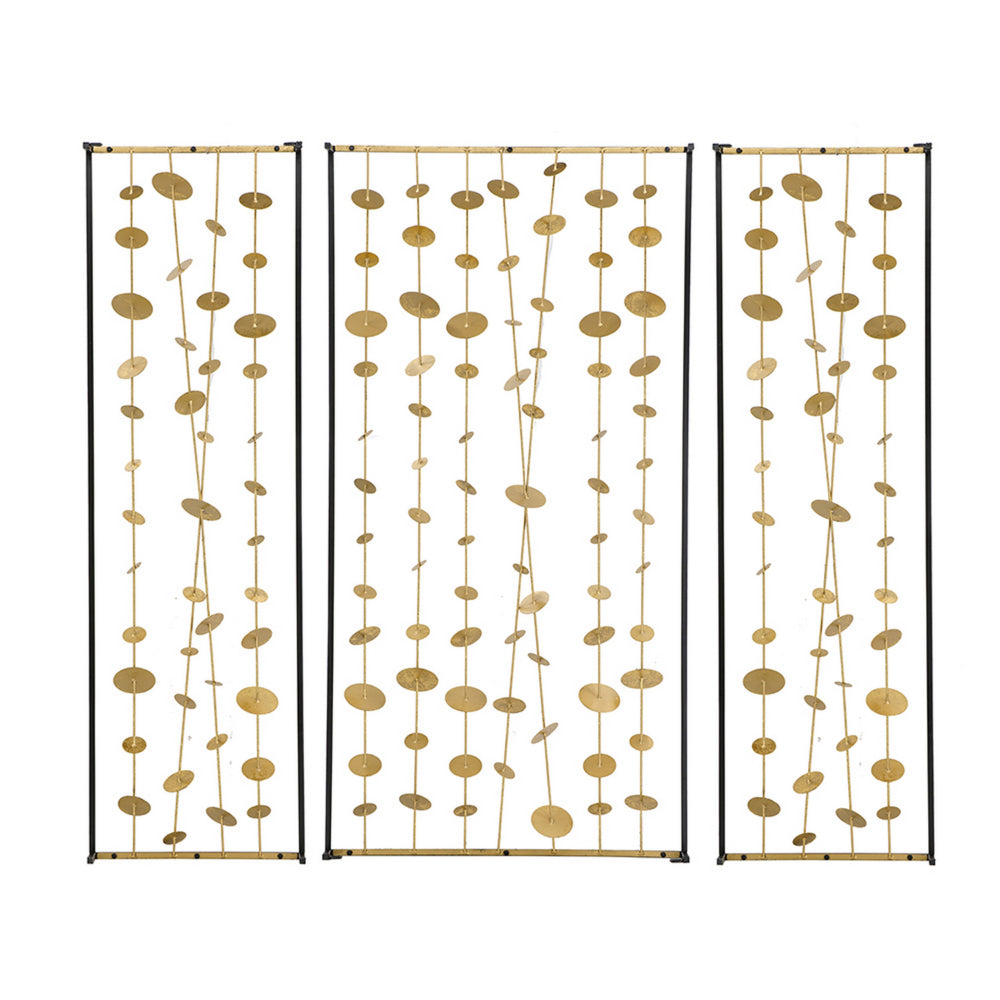 Metal Decorative Wall Art Set of 3, Strings Design, Gold and Black Iron