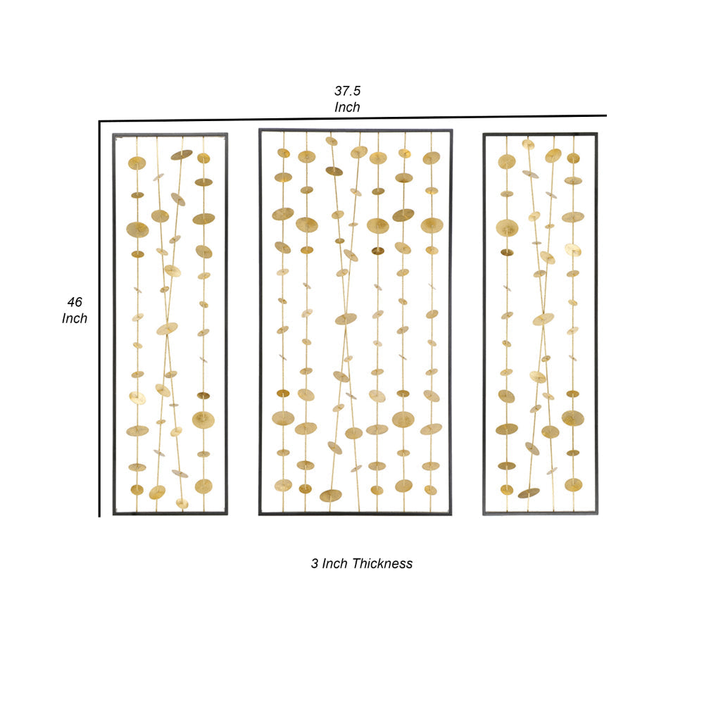 Metal Decorative Wall Art Set of 3, Strings Design, Gold and Black Iron