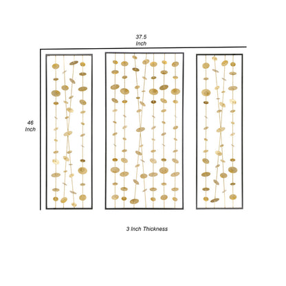 Metal Decorative Wall Art Set of 3, Strings Design, Gold and Black Iron