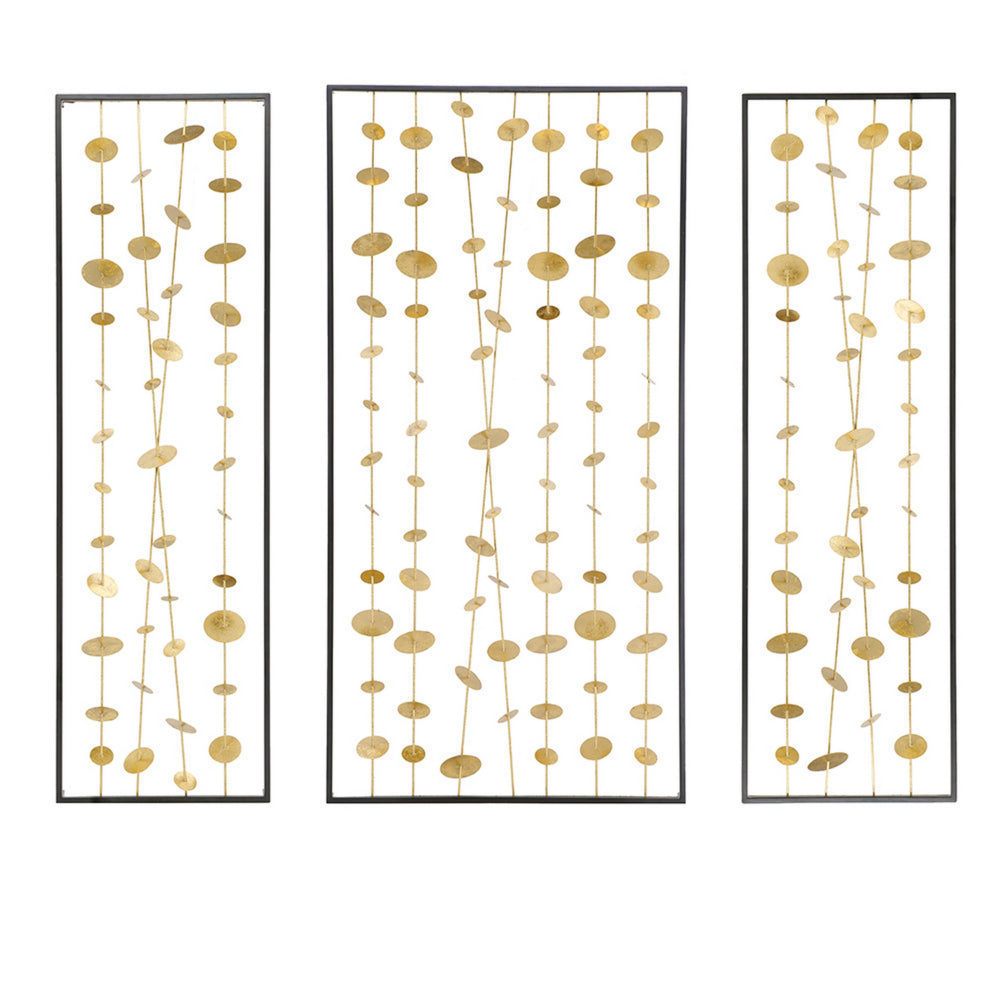 Metal Decorative Wall Art Set of 3, Strings Design, Gold and Black Iron