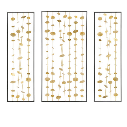Metal Decorative Wall Art Set of 3, Strings Design, Gold and Black Iron
