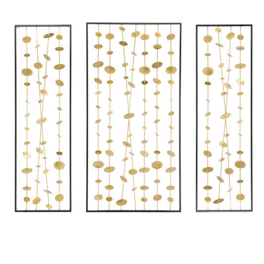 Metal Decorative Wall Art Set of 3, Strings Design, Gold and Black Iron